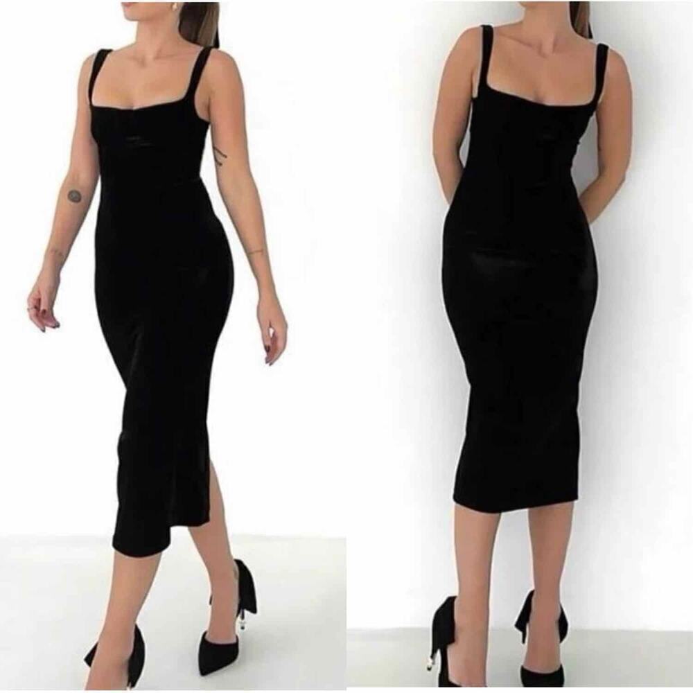 Rumored Runaway Black Velvet Cut Out Back Midi Party Dress Size Small